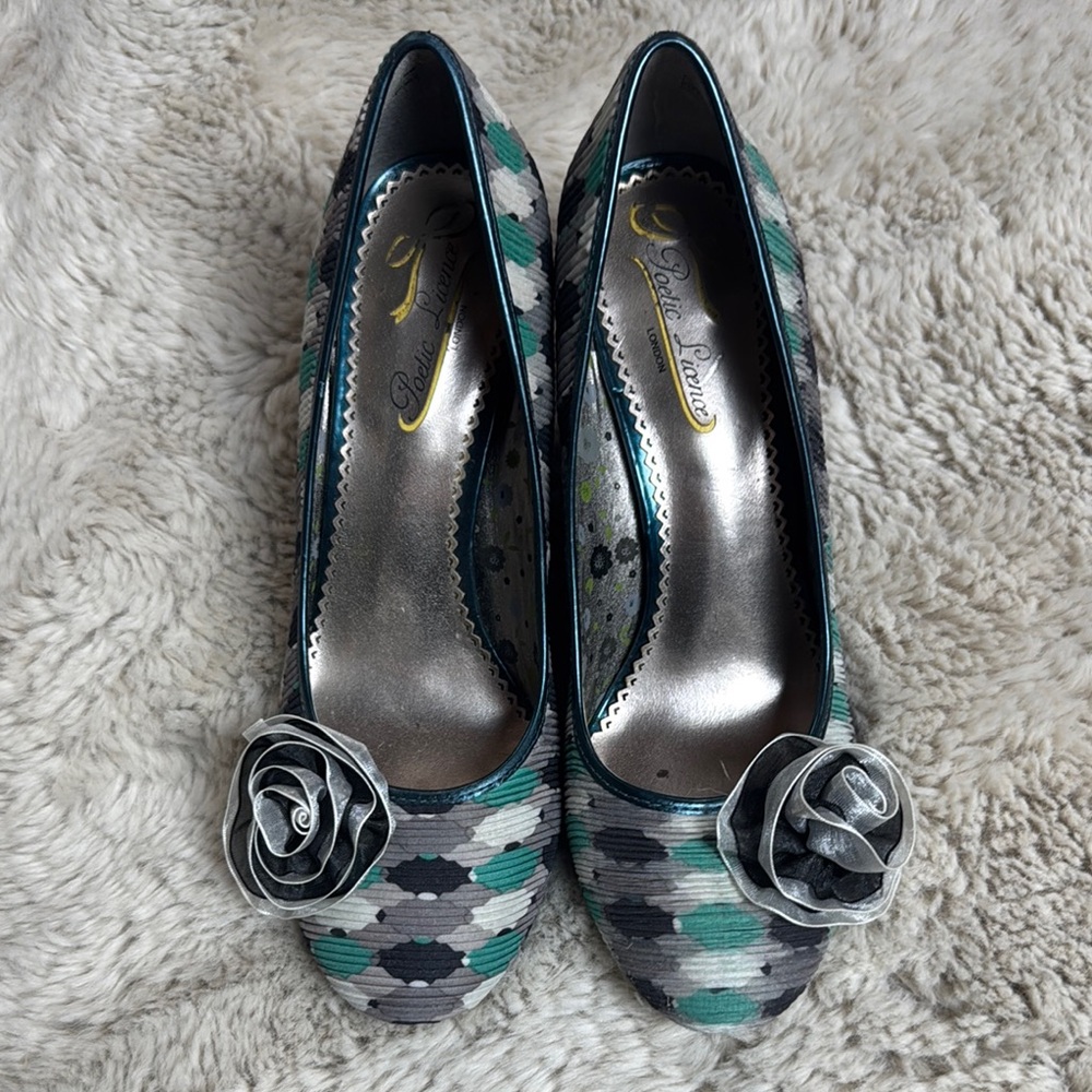Poetic License Teal Gray Black Patterned Floral Rosette Heels